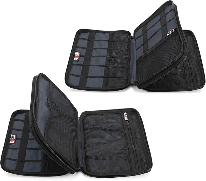 BUBM Double Layer Electronic Accessories Organizer, Travel Gadget Bag for Cables, USB Flash Drive, Plug and More, Perfect Size Fits for iPad Mini (Medium, Blue)