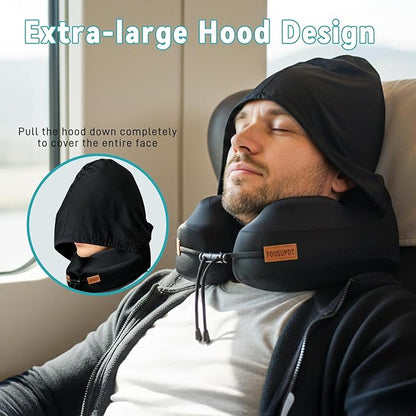 Travel Pillow with Hood, Memory Foam Airplane Neck Pillow for Long Flight, Soft, Comfort Portable Travel Neck Pillow for Flight, Drive, Work, Rest, with Storage Bag