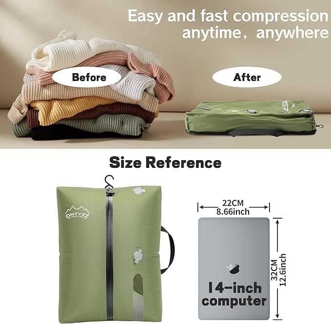 ONTYZZ Travel Vacuum Compression Bags Space Saver Vacuum Bags Reusable Compression Bag with IP67 Waterproof Zipper for Travel Suitcases and Backpack,One Pack Green（NO PUMP!）