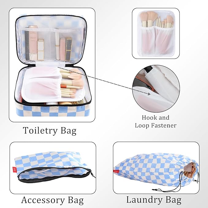 U+U 8 Set Compression Packing Cubes - Ultralight Travel Organizers with Laundry Bag and Cosmetic Bag, Space-Saving Suitcase Organizer for Travel, Business Trip and Family Vacation (Blue Checkered)