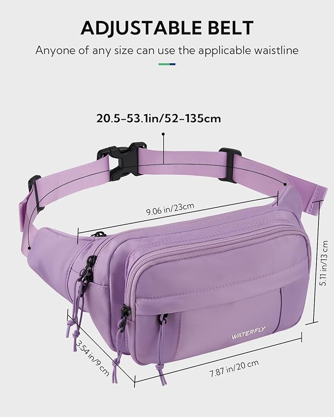 WATERFLY Fanny Pack Waist Packs: Large Crossbody Fanny Packs for Women Men with 5 Zipper Pockets Adjustable Strap Waist Bags Hip Pack for Traveling Cycling Running Hiking-Purple