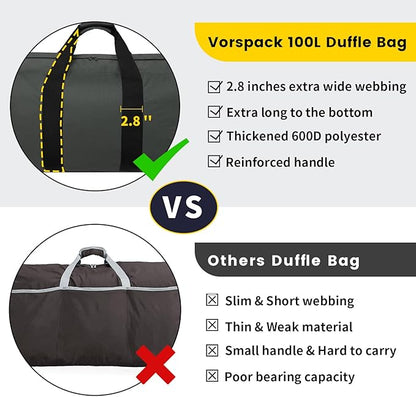 Vorspack Extra Large Duffle Bag for Travel - 200L Duffel Bag for Men Gear Bag for Storage Foldable Weekender Bag for Overnight Camping - Grey