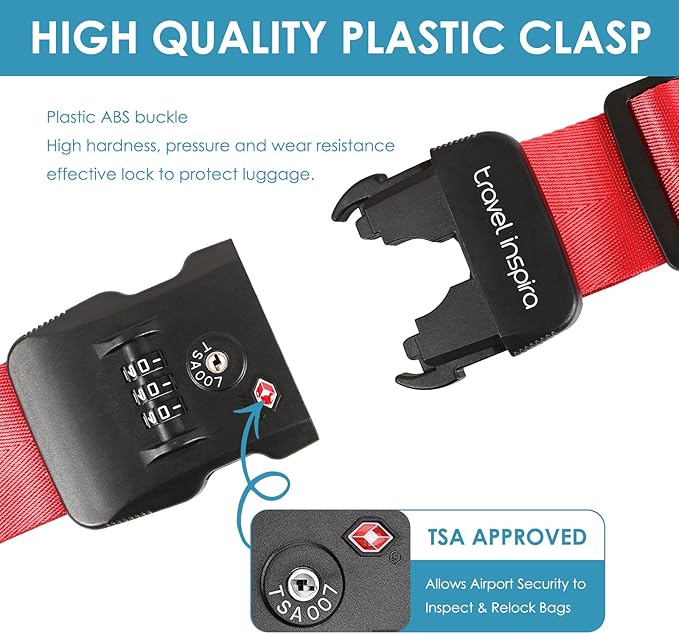 Travel Inspira Luggage Straps for Suitcases with TSA Lock, Protect Your Luggage Anti-Burst, High Visibility Color, Easy to Identify Luggage Adjustable Heavy Duty Belt for 20-32 Inch Suitcases
