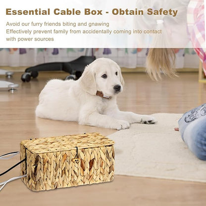 BTSKY Woven Cable Management Box with Lid, Water Hyacinth Cord Organizer for Desk, Cable Organizer Box with 2-Open Slots to Hide Power Strips USB Hubs for Home & Office, Pet Proofing Cord Basket, L