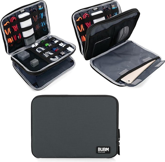 BUBM Double Layer Electronics Organizer, Travel Gadget Bag for Cables, Memory Cards, Flash Hard Drive and More, Fit for iPad or Tablet(up To 9.7")--Large, Gray