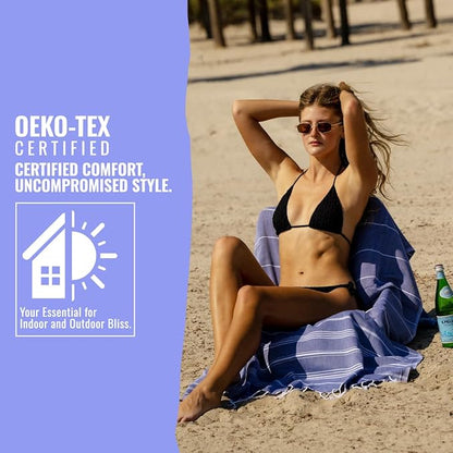 Beach Towel 100% Cotton Turkish Beach Towel Adult 38x70 Inch Pre-washed Absorbent Extra Large|Sand Free Quick Dry BathTowels|Lightweight Blanket|Travel Cruise Camping Spa Gym Towels|Directoire Blue
