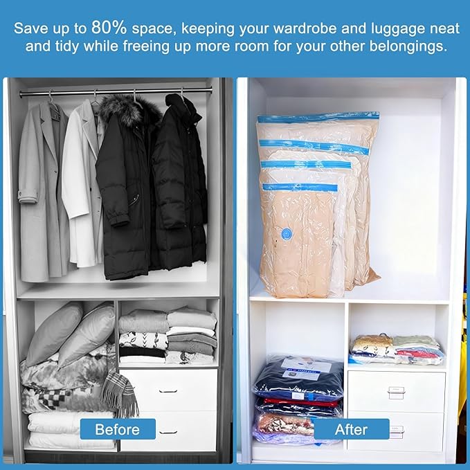 Owfeel 14 Pack Travel Vacuum Bags With Wireless Pump, Portable Compression Bags for Travel, Space Saver Vacuum Seal Bags for Clothing, Luggage, Pillows, Comforters, Reusable & Durable (14 PCS)