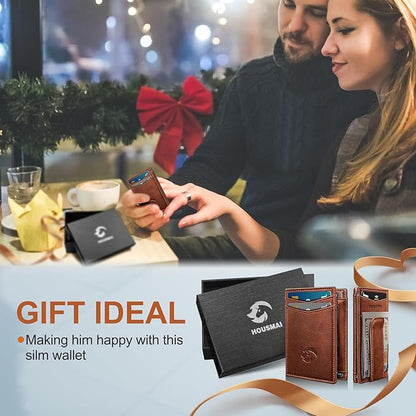 Magnetic Closure Slim Wallet with Money Clip Gift Boxed,Genuine Leather Front Pocket Wallet for Men, 3.9"x 2.10", RFID Blocking