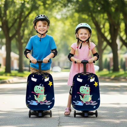 smilesun 4-in-1 Detachable Scooter Luggage for Kids & Teens, Hardside Ride-On Suitcase with Dinosaur Design, Lightweight Foldable, Perfect Travel Gift for Boys(Navy Blue 22-inch)