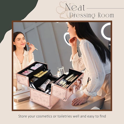 FRENESSA Makeup Train Case Cosmetic Box Portable Makeup Case Organizer 4 Trays Lock Travel Storage Organizer with Dividers Make Up Artist Vanity Hard Nail Spa Beauty Box Rose Gold Floral