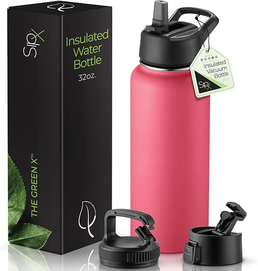 SipX™ Triple-Insulated Stainless Steel Water Bottle 32oz. With 3 Lids, BPA-Free Reusable Insulated Water Bottle Keeps Cold 24 Hours, (Red)