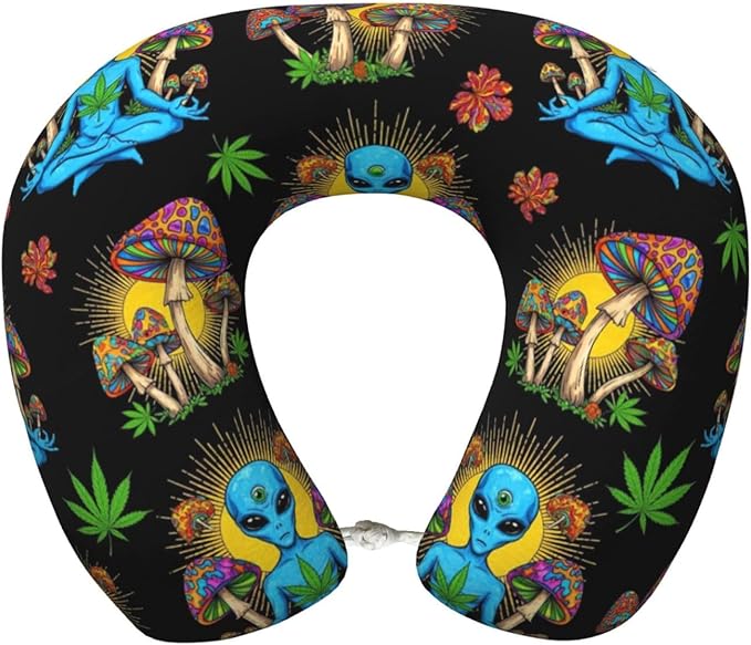 Memory Foam Airplane Pillow Sun Chakra Yoga Meditation Alien Weedleaf Trippy Eye Mushroom for Car Chin Head Neck Supporting, U Shape Pillows Travel Cushion for Office, Nap Sleeping