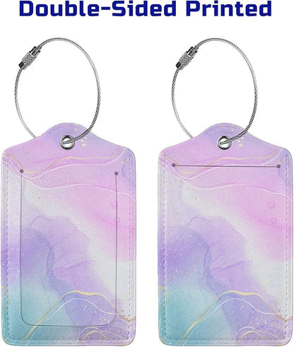 Pink Luggage Tags 2 Pack for Girls Women, Watercolor Light Purple and Cyan Blue Background Leather Suitcase Tags Identifiers, Cute ID and Name Labels with Privacy Covers for Backpack Travel Bag