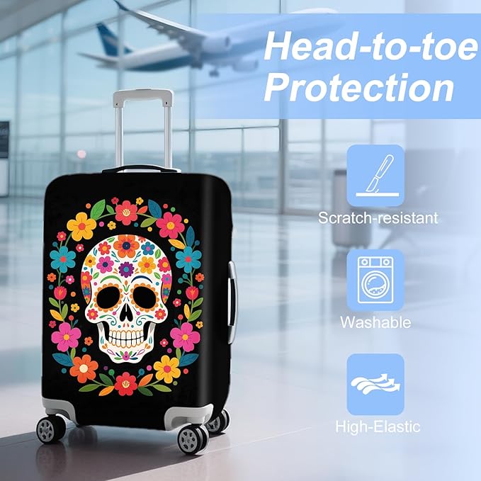 ANNA QUEEN Skull Halloween Travel Luggage Cover Suitcase Protector Suitcase Cover Anti-Scratch,Stretchable Luggage Travel Bag Cover Washable L(fits 26-28Inch suitcase)