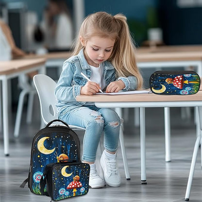 Mushroom Snails Backpack Mushroom Moon Night 17 Inches Bookbag 3PCS Set with Lunch Box Pencil Case Daypack for Kids Girls Boys