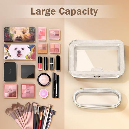 Travel Clear Makeup Bag with Makeup Brush Bag, Leather Make up Case Toiletry Bag, Portable Cosmetic Bag Case, Transparent Waterproof Cosmetic Organizer Storage Bag for Women, Off-White