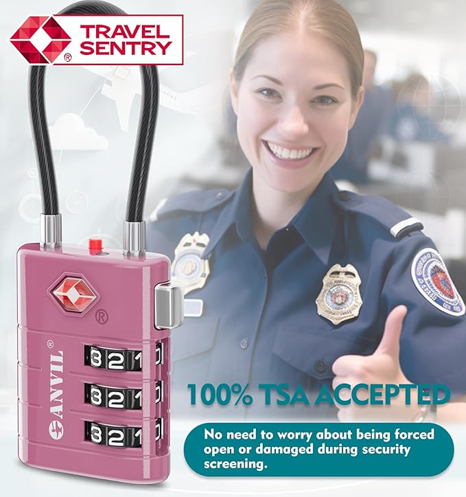 ANVIL TSA Approved Luggage Locks – High Security TSA008 Combination Travel Locks with Inspection Indicator for Suitcases and Backpacks. (2, Rose Purple)