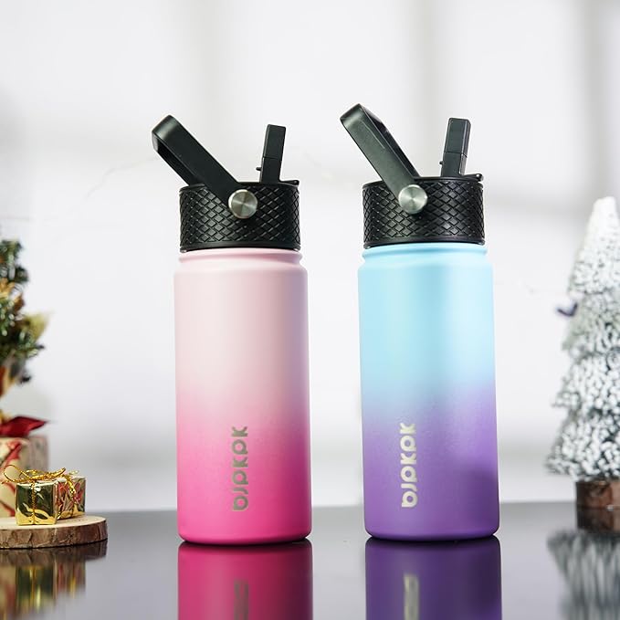 BJPKPK 2 Pack Insulated Water Bottles with Straw Lids, 18oz Stainless Steel Metal Water Bottle with 6 Lids, Leak Proof BPA Free Jugs, Cups, Flasks for Travel, Sports (Cherry+Ocean Dream)