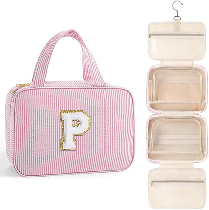 TOPEAST Hanging Toiletry Bag for Women - Travel Toiletry Bag Makeup Bag, Portable Toiletries Cosmetic Bag, Airplane Travel Essentials - Letter P, Pink