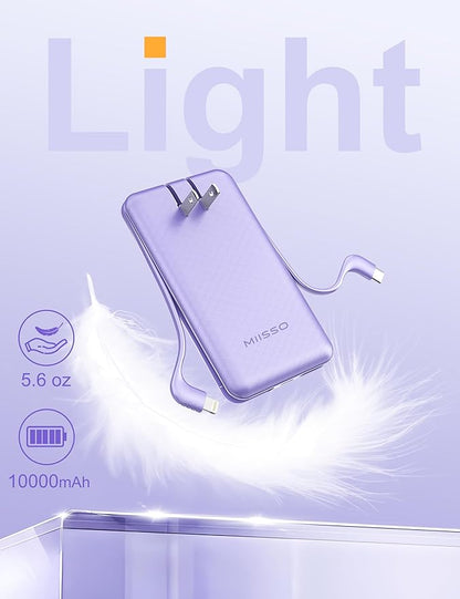 miisso Ultra Slim 10000mAh Power Bank Built-in Cables and Foldable AC Wall Plug, Pocket Size USB C Portable Charger, External Battery Pack Compatible with iPhone Samsung iPad etc, Purple