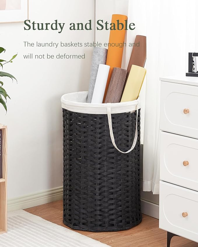 34.3 Gal (130 L) Large Laundry Hamper Laundry Basket Round Handwoven Wicker Laundry Baskets Rattan Laundry Basket with Removable Bag Handles 2 Mesh Bags for Living Room Bedroom Black