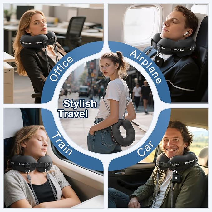 Travel Neck Pillow for Airplane, Super Soft Neck Support Travel Pillow - Lightweight and Stylish Convertible Style - Ergonomic Design for Long Flights, Car, Train & Office Use (Black)