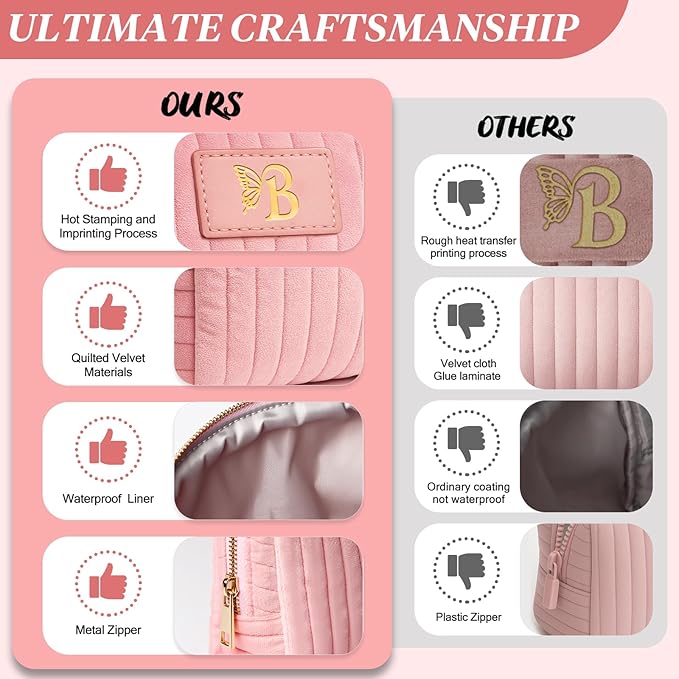 Monogrammed Make Up Bags for Women,Personalized Cosmetic Bags Women,Small Quilted Makeup Pouch,Cute Makeup Bag Travel,Birthday Gifts for Teen Girl (Pink B)