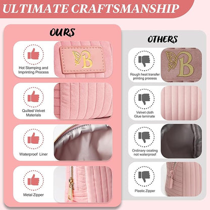 Monogrammed Make Up Bags for Women,Personalized Cosmetic Bags Women,Small Quilted Makeup Pouch,Cute Makeup Bag Travel,Birthday Gifts for Teen Girl (Pink B)