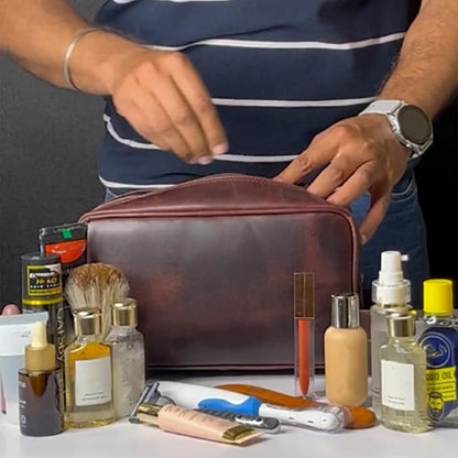 RUSTIC TOWN Leather Toiletry Bag for Men - Travel Shaving Ditty Kit - Bathroom Shower Toiletries Organizer - Leather Cosmetic Bag for Women (Walnut Brown)