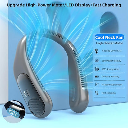 Portable Neck Fan,Personal Wearable Bladeless Fan,LED Display,4-Speeds,6000mAh USB Rechargeable,360° Strong Cooling Wind,Hands Free,Long Lasting,Birthday Gifts for Men Women Dad Mom (Dark grey)