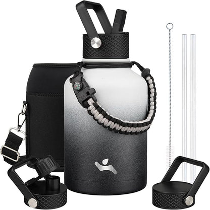 Insulated Water Bottle with Straw,50 oz 3 Lids Water Jug with Carrying Bag,Paracord Handle,Double Wall Vacuum Stainless Steel Metal Flask,Day Night