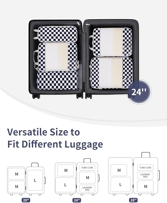 Narwey 5 Set Compression Packing Cubes for Travel, Luggage Packing Organizer Bags for Carry on Suitcase, Expandable Checkered Storage Bags with Laundry & Handle (Black Checkerboard)