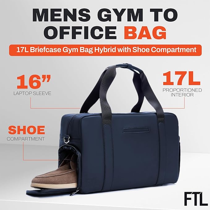 The FTL Lite Mens Gym to Office Bag - 17L Briefcase Gym Bag Hybrid with Shoe Compartment & 16" Laptop Sleeve - Executive Daily Carry & Overnight Duffel for Athletic Business Pros - Essex Blue