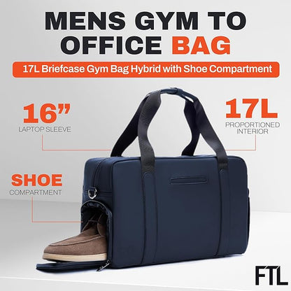 The FTL Lite Mens Gym to Office Bag - 17L Briefcase Gym Bag Hybrid with Shoe Compartment & 16" Laptop Sleeve - Executive Daily Carry & Overnight Duffel for Athletic Business Pros - Essex Blue