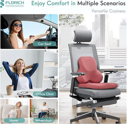 FLORICH Car Seat Cushion and Lumbar Support Pillow for Office Chair Car, Ergonomic Memory Foam, Relieves Back Sciatica Pain, Pressure-Relieving Back Support for Car, Office Chair & Wheelchair - Red