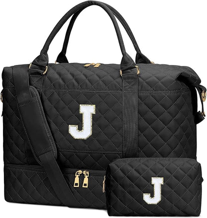 Gifts for Women Girls Initial Travel Duffle Bag Quilted Weekender Carry-On Overnight with Cosmetic Bag, Gym Bag with Shoe Compartment Hospital Bag for Labor Delivery, Black J