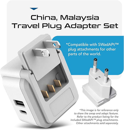 Ceptics China, Malaysia Power Adapter Travel Set, 20W PD & QC, Safe Dual USB & USB-C 3.1A–2 USA Outlet - Compact-Use in Hong Kong, Kuwait, Singapore, Iraq - Includes Type G, I, C SWadAPt Attachments