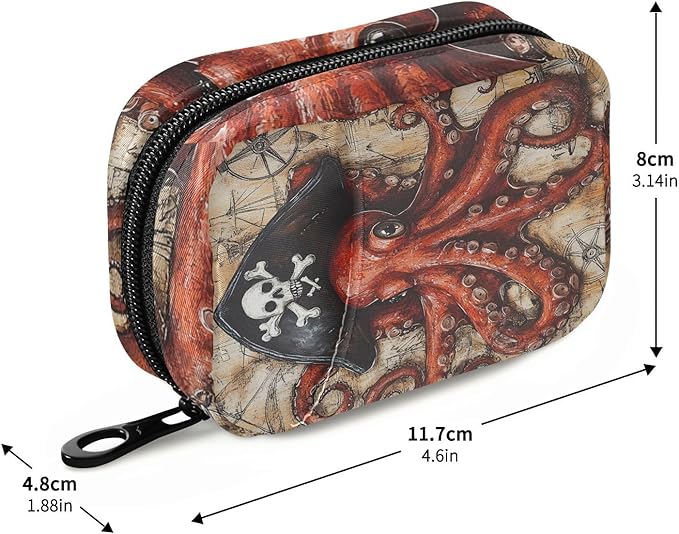 Octopus Pirate and Compass Travel Pill Organizer Case Box Container Weekly Portable Vitamin Medicine Holder Storage Bag with Zipper Removable