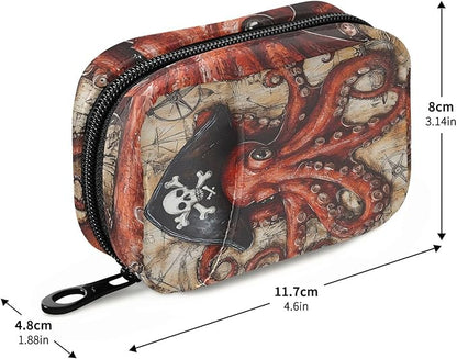 Octopus Pirate and Compass Travel Pill Organizer Case Box Container Weekly Portable Vitamin Medicine Holder Storage Bag with Zipper Removable