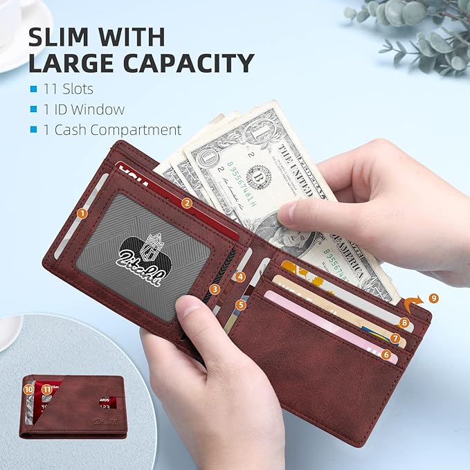Zitahli Wallet for Men Slim 11 Credit Card Holder RFID Blocking Small Men's Wallet Bifold Minimalist Front Pocket With Mens Gifts Box