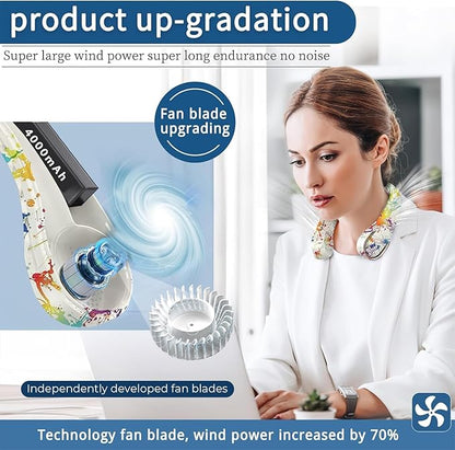 Neck Fan, Bladeless Neck Fan, USB Rechargeable Personal Fan, 4000 mAh Battery Operated Wearable Fan, 3 Speeds Adjustable,Faster Cooling, Ultra Quiet, Suitable for Home, Office, Travel, Sports