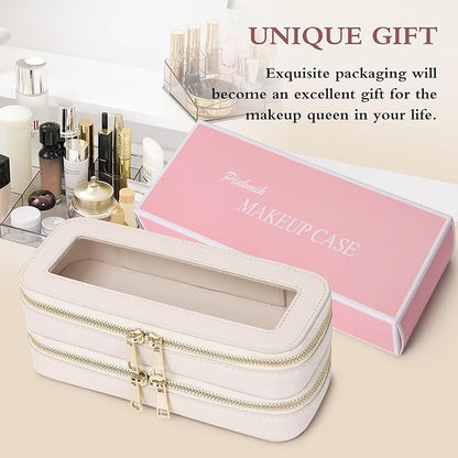 Pinkmik Double Layer Makeup Bag Makeup Brush Case Waterproof Travel Cosmetic & Toiletry Bag Purse Organizer and Car Essentials for Women (Beige, Double SLIM)