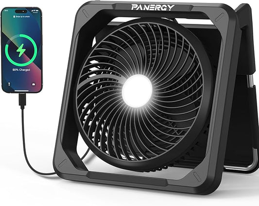 PANERGY Solar Fan with Lantern for Camping, Rechargeable Battery Powered Fan(21H cooling/67H lighting), Detachable Solar Panel, 3-Speed, 60°Pivot Cordless & Portable for Outdoor Travel RV Power Outage