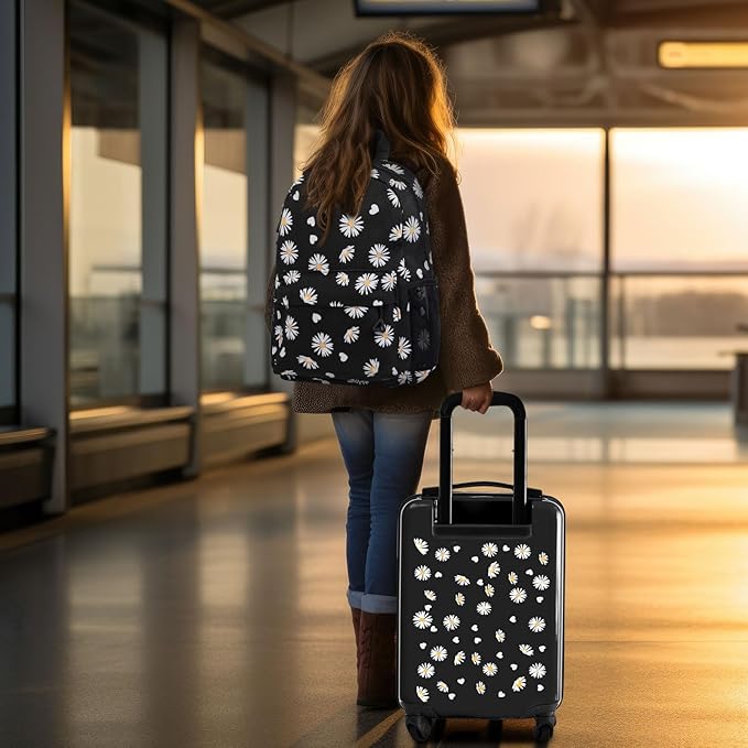 Redbaker 6 Pcs Kids Luggage Set 17 Inch Kids Rolling Luggage Double Pattern Suitcase for Girls Boys School Gift(Black,Daisy Style)