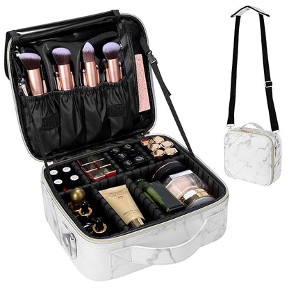 gzcz Travel Makeup Bag,Professional Cosmetic Bags for Women,Portable Makeup Brush Bag Organizer Storage with Adjustable Dividers and Shoulder Strap
