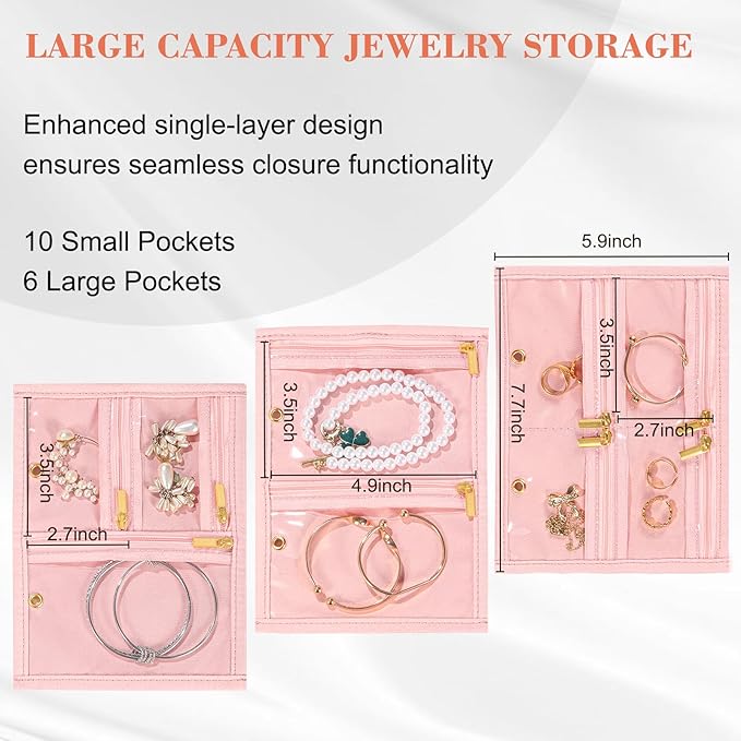 Leather Travel Jewelry Case Organizer,Jewelry Storage Book Binder with Clear Zipper Pouch & Lining-Portable Jewelry Bag for Earrings,Rings,Necklaces,Bracelets (Pink)