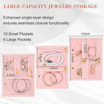 Leather Travel Jewelry Case Organizer,Jewelry Storage Book Binder with Clear Zipper Pouch & Lining-Portable Jewelry Bag for Earrings,Rings,Necklaces,Bracelets (Pink)