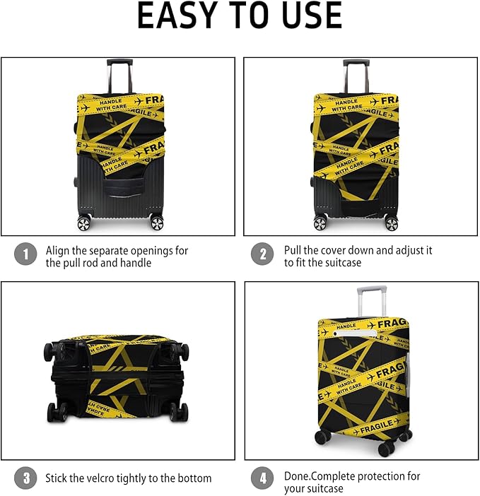 Gold Fragile Travel Luggage Cover, Travel-Themed Suitcase Protector Stretchable, Washable Travel Suitcase Cover (L for 25-28 Inch Luggage)