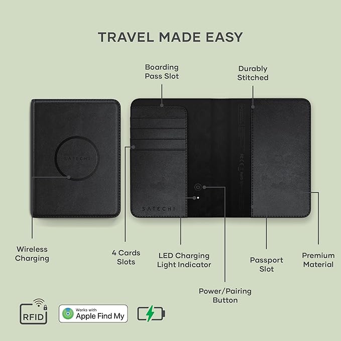 Satechi Passport Holder for Travel with Find My, Passport Cover with 4 Card Holder, Wireless Charging, and RFID protection – Travel Essential Vegan Leather Passport Holder – Black