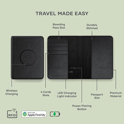Satechi Passport Holder for Travel with Find My, Passport Cover with 4 Card Holder, Wireless Charging, and RFID protection – Travel Essential Vegan Leather Passport Holder – Black